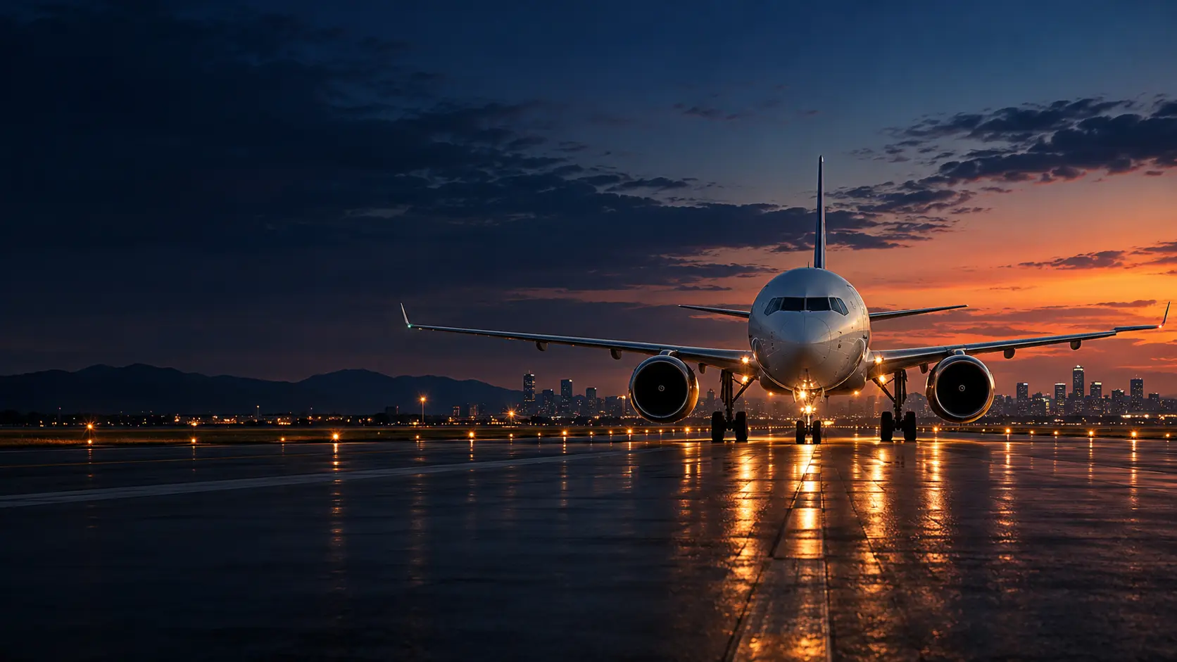 Aeronave comercial alinhada na pista ao pôr do sol