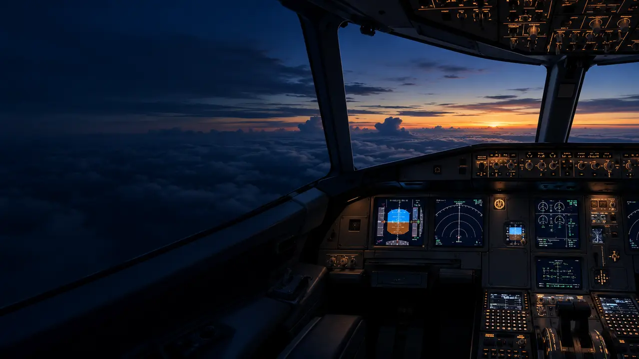 Cockpit de aeronave em voo ao entardecer