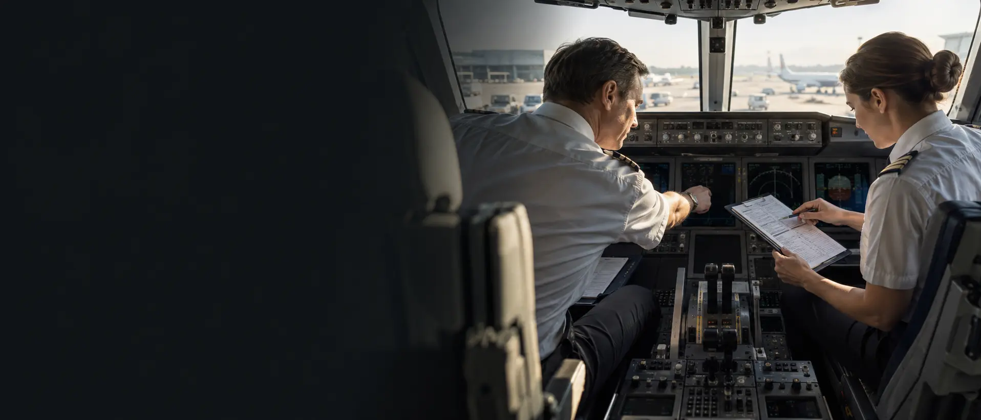 Two pilots coordinating pre-flight tasks in the cockpit